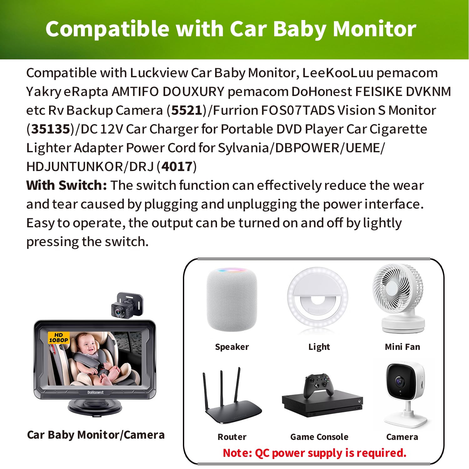 LONNKY 2-Pack 12V USB Power Adapter Cord for Baby Car Camera with On/Off Switch, 5V to DC 12V Voltage Step Up Converter Boost Cable for Powering Dash Cam, GPS, Router, Small Devices