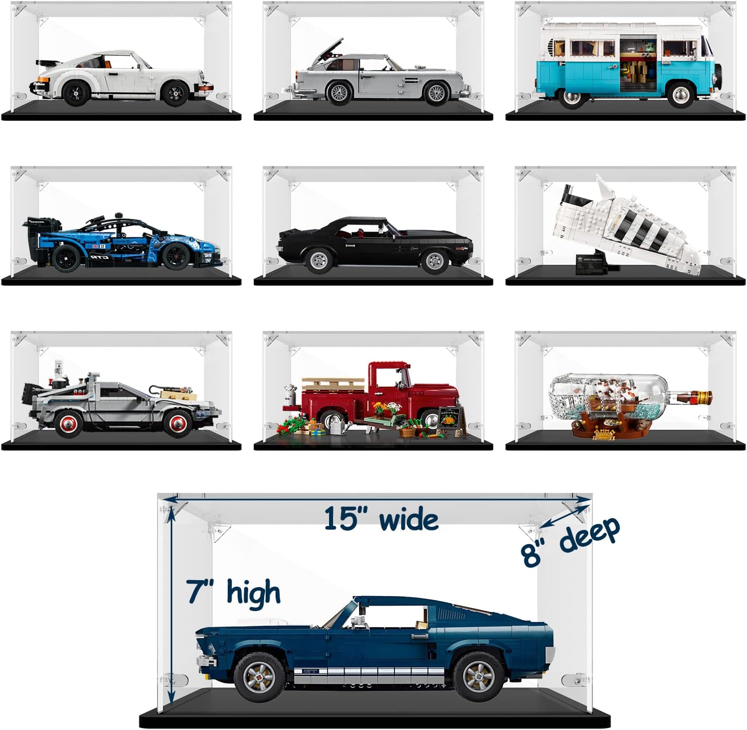 Acrylic Display Case 3mm Thickness Inner 15 x 8 x 7 Inches, Solid Wooden Base Dustproof Clear Display Box Showcase for Lego Cars Diecast Model Cars 10295 10300 42123 21317 10290 21328 10282