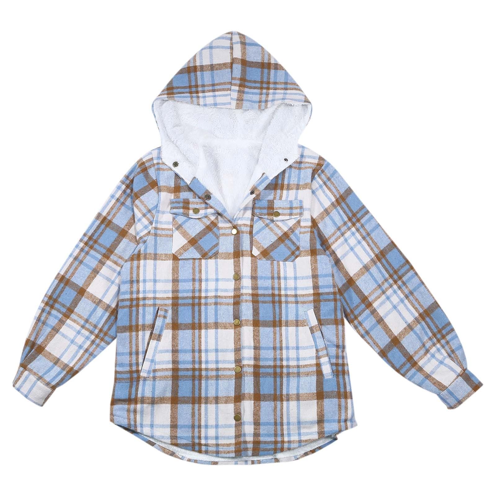 Genérico Chaqueta Polar Mujer,Chaqueta Corta A Cuadros para Mujer De Manga Larga con Botones Forro Polar Y Capucha para Mayor Calidez
