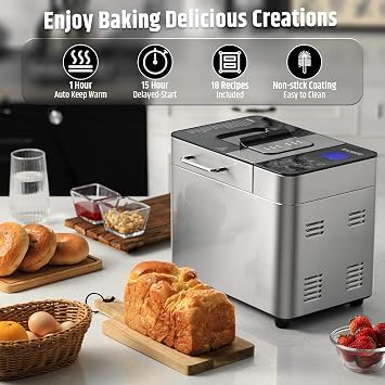 Razorri Bread Maker Machine, 2LB 18-in-1 Programmable Stainless Steel Homemade Bread Machine with Gluten-Free, Auto Nut Dispenser, 15H Delayed-start, 1H Keep Warm, 3 Crust Colors and 3 Loaf Sizes