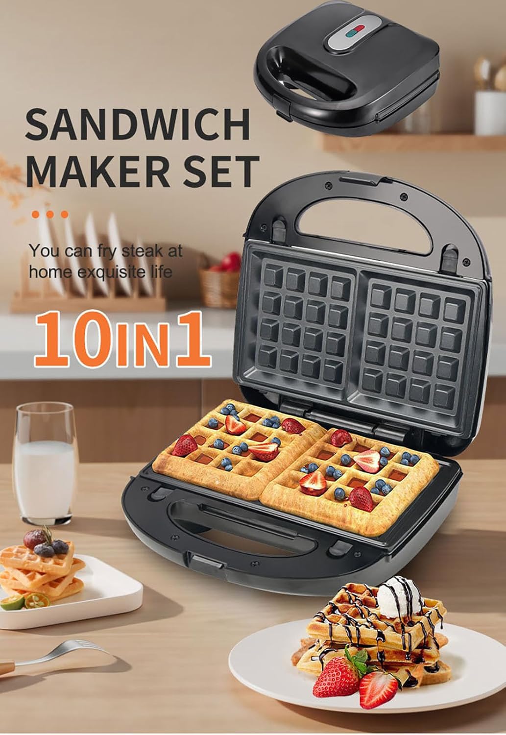 10 in 1 Waffle Maker with Removable Plates 750W Electric Breakfast Sandwich Maker Compact Nonstick Panini Grill for Donuts Burgers Madeleines and Snacks