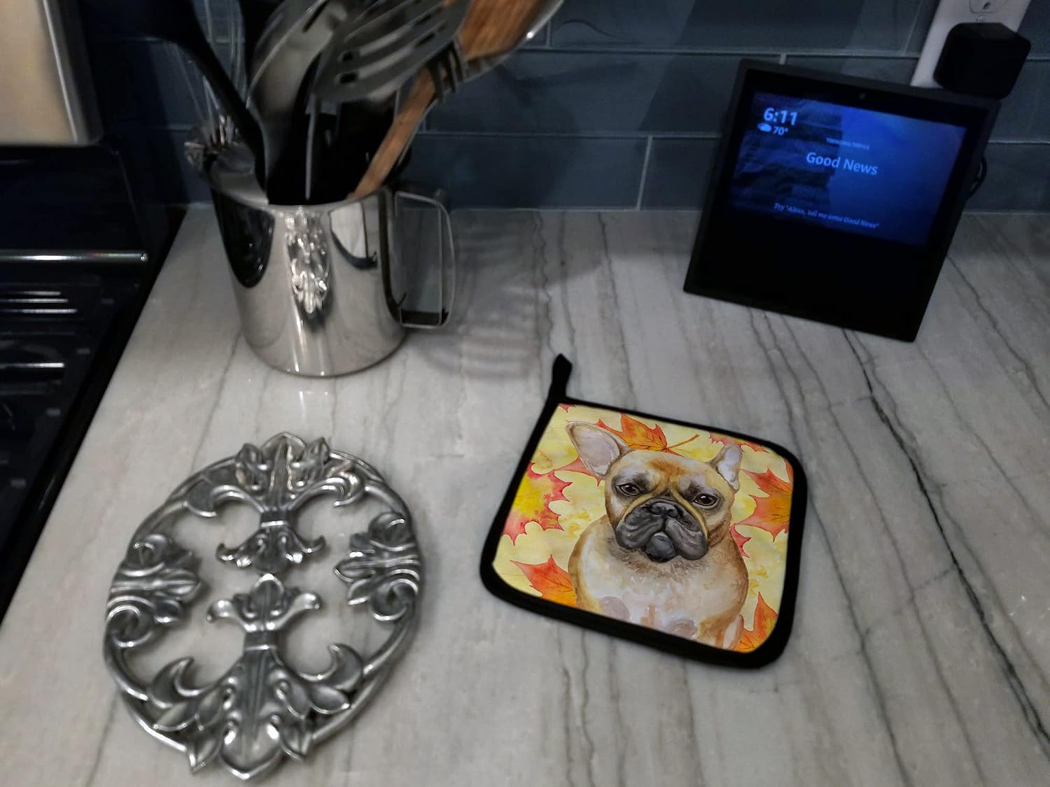 Caroline's Treasures BB9949PTHD French Bulldog Fall Pair of Pot Holders, Yellow Kitchen Heat Resistant Pot Holders Sets Oven Hot Pads for Cooking Baking BBQ, 7 1/2 x 7 1/2 image 3