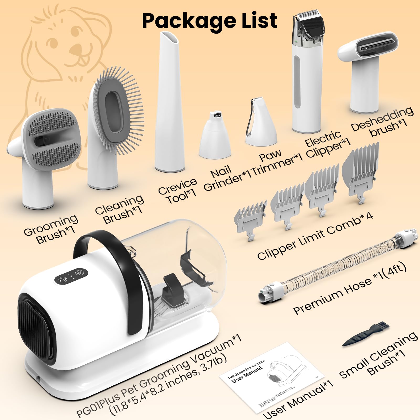 Dog Grooming Kit with Vacuum, 12000Pa Pet Electric Clipper & Nail Grinder view 8