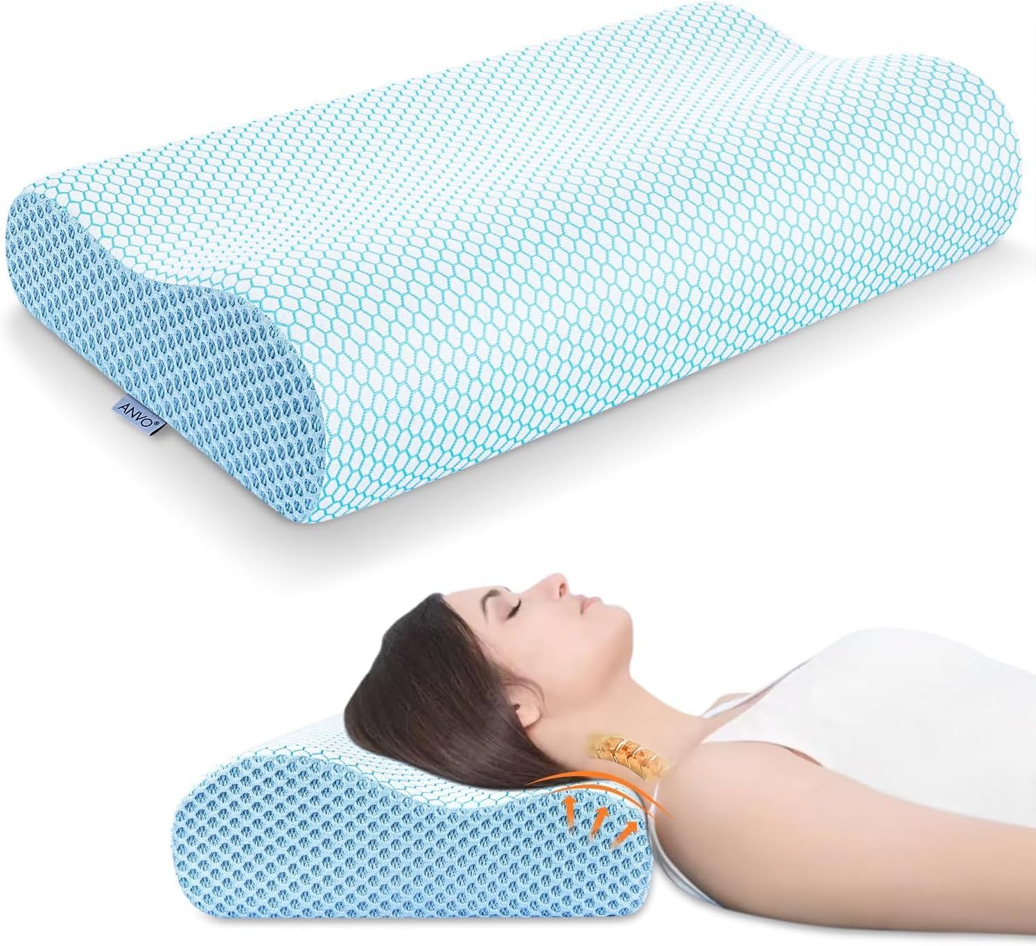 Product image of Anvo Memory Foam Pillow, Neck Contour Cervical Orthopedic Bed Pillow for Sleeping Side Back Stomach Sleeper, Ergonomic Design for Neck and Shoulder Pain Relief, Blue White, Soft