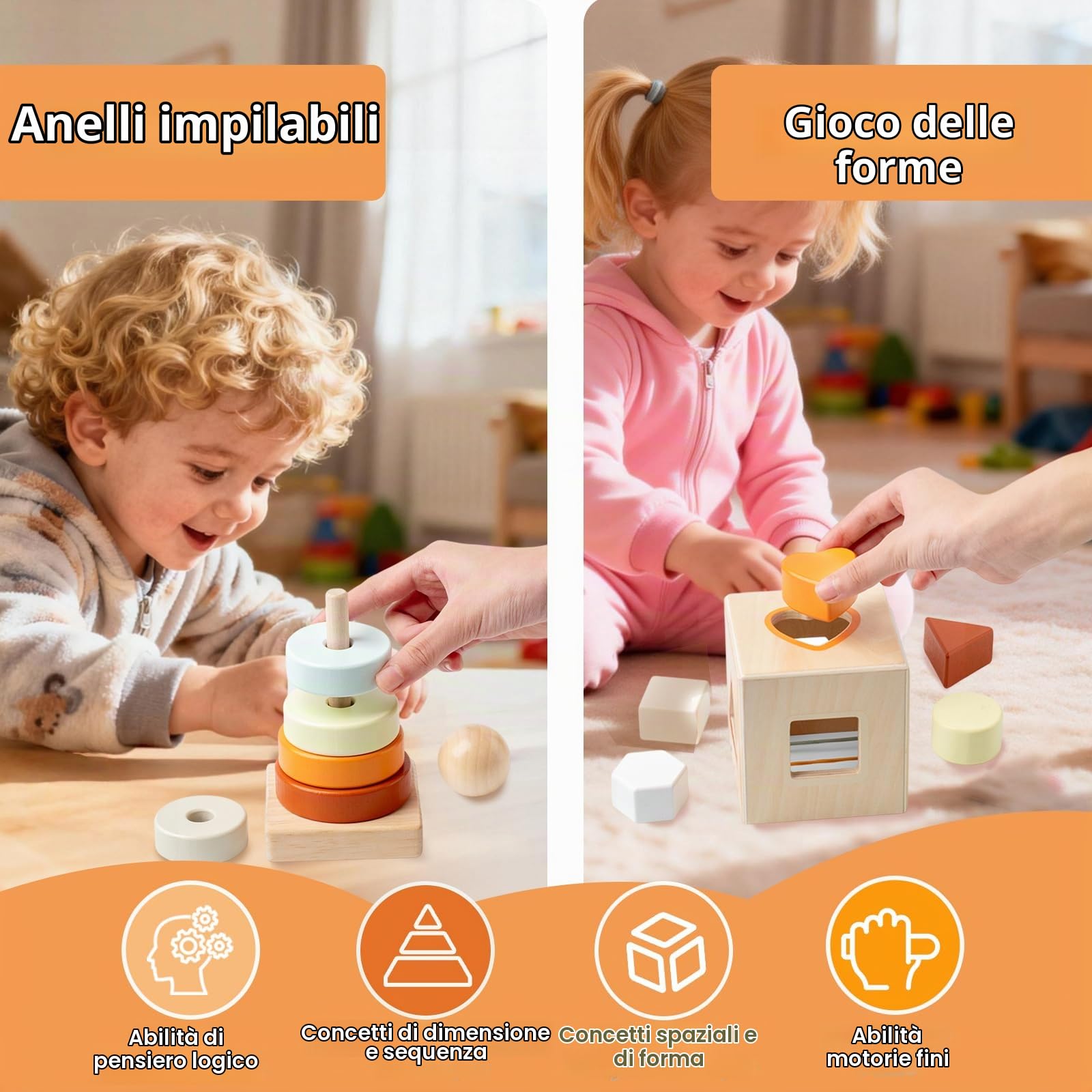 Giochi in Legno Montessori 5 in 1, Regali Bambini 1 Anno, Motricità Fine Bambini 1 2 3 Anni, Giocattolo Educativo Multiattività Bimbo con Torre Impilabile, Xilofono, Labirinto Perline