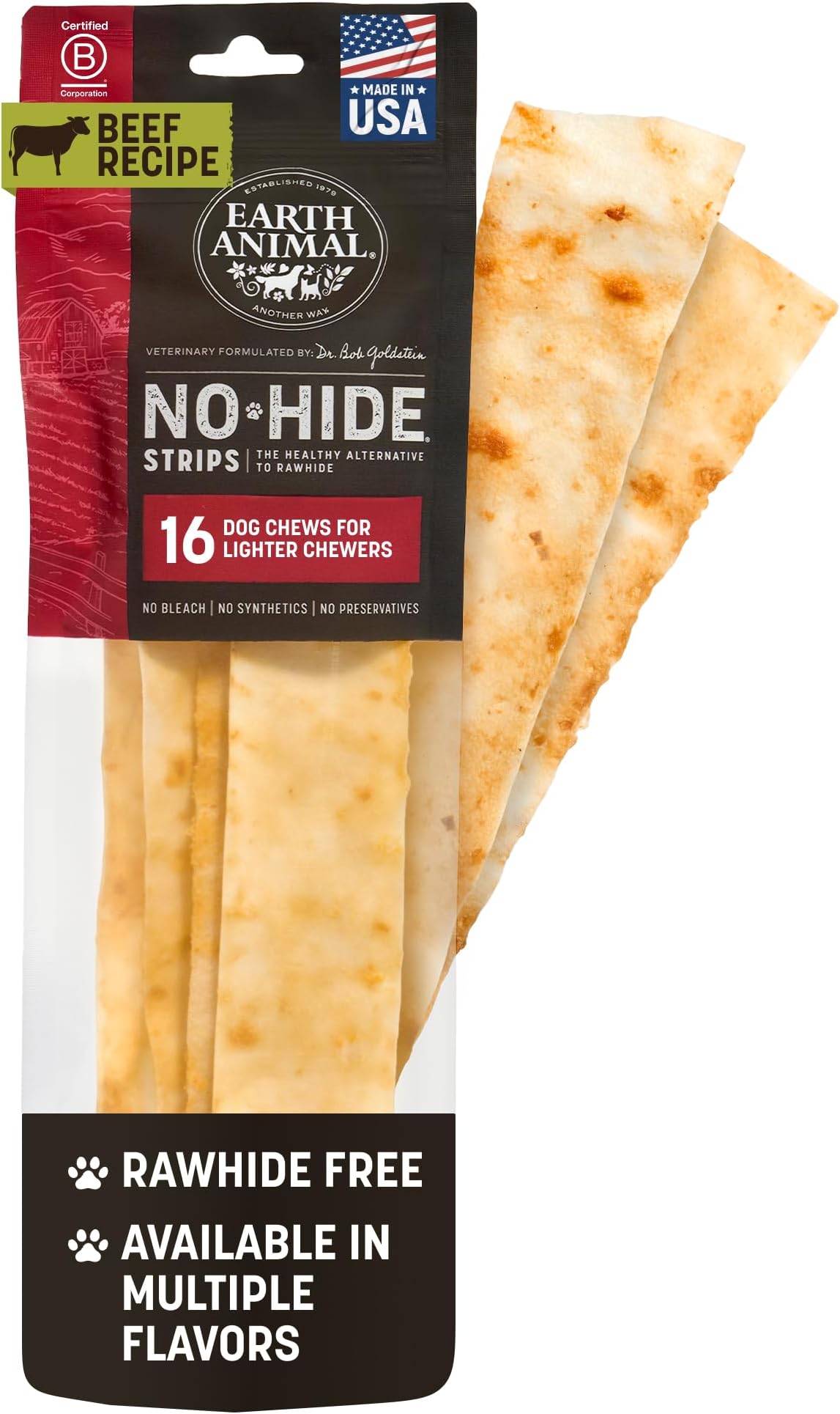 No Hide Strips - Natural Rawhide Free Dog Chew Strips, Beef - 16 Count
