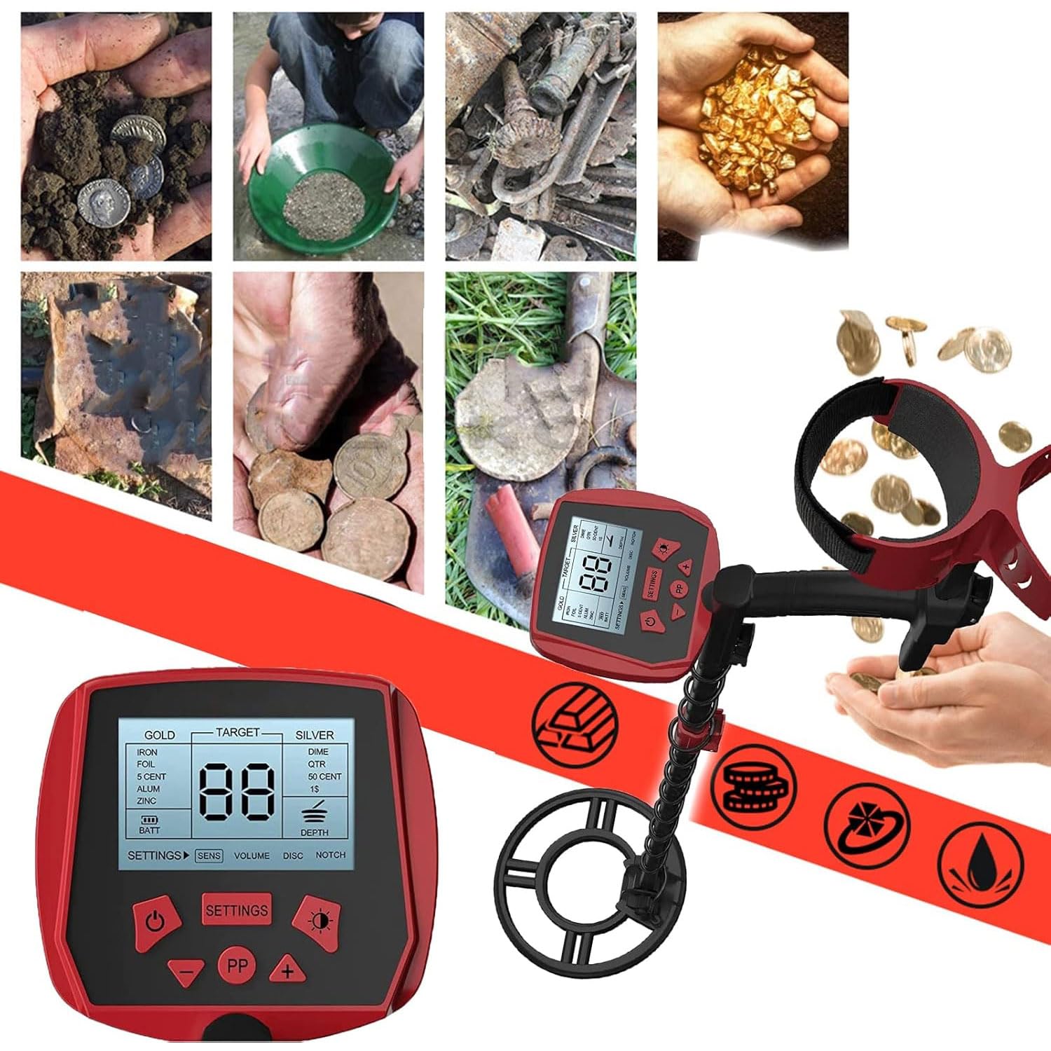 Détecteur de métaux avec écran LCD, détecteur d'or étanche de plus haute précision, bobine de recherche de 25,4 cm, tige réglable, mode tout métal, disque et PP, détecteur de profondeur professionnel
