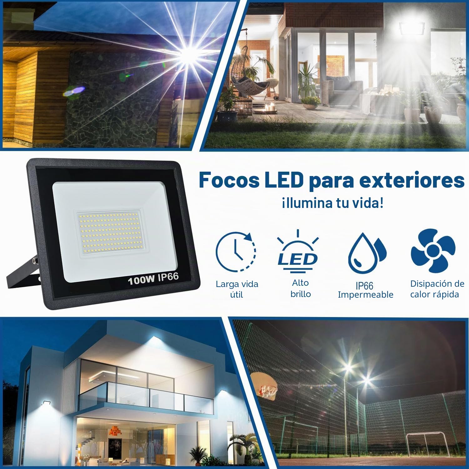 Focos LED Exterior 100W, IP66 Impermeable Foco Proyector LED, Blanco Frío 6500K 10000 Lumen Floodlight para Casa, Garaje, Patio, Terraza, Campo