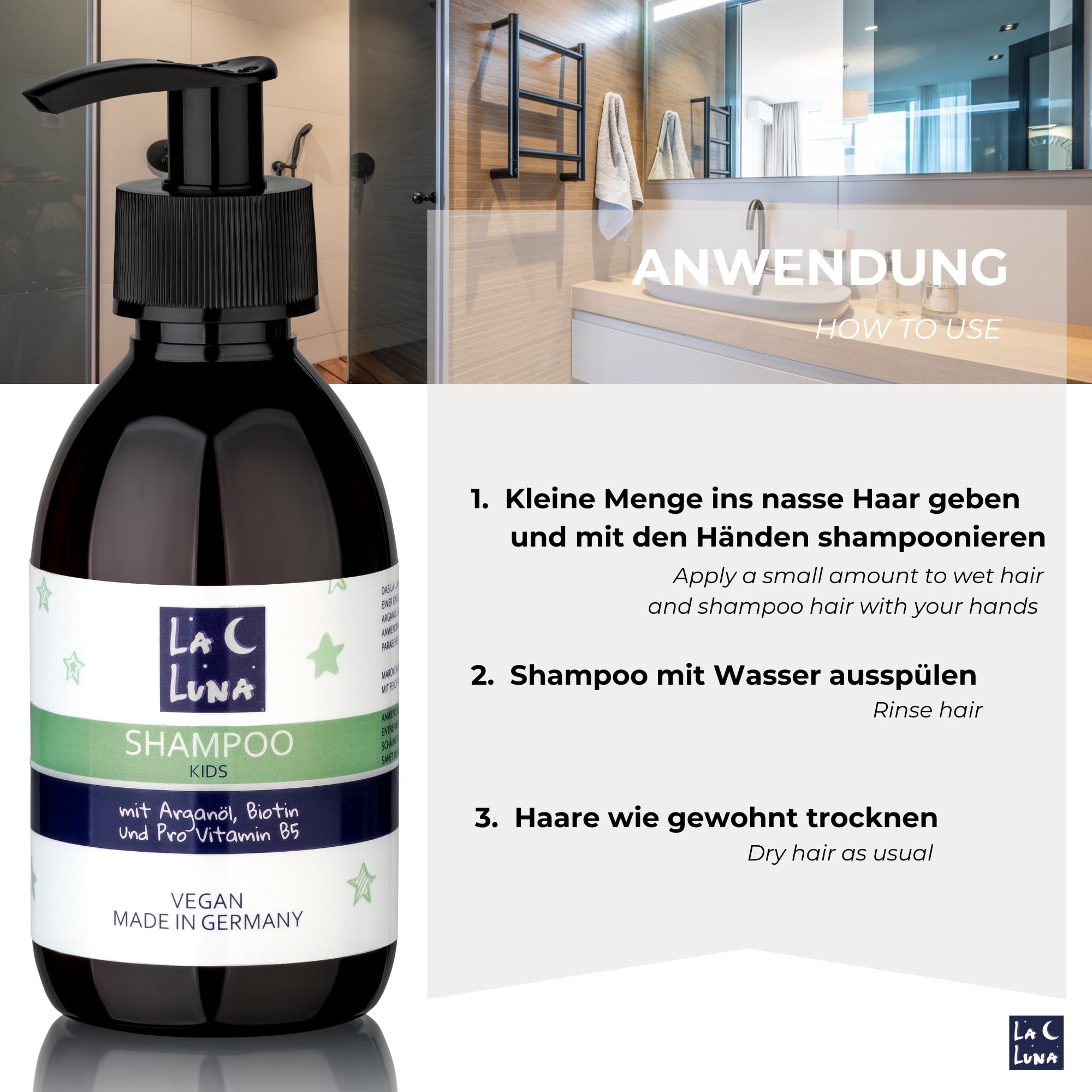 LA LUNA® Lekki spray do włosów dla dzieci, kompatybilny z aloesem, cenne ceramidy, intensywna pielęgnacja, nie kopią włosów, wegański, pielęgnacja włosów dla dzieci, dla chłopców i dziewczynek, do każdego typu włosów, pielęgnacja włosów