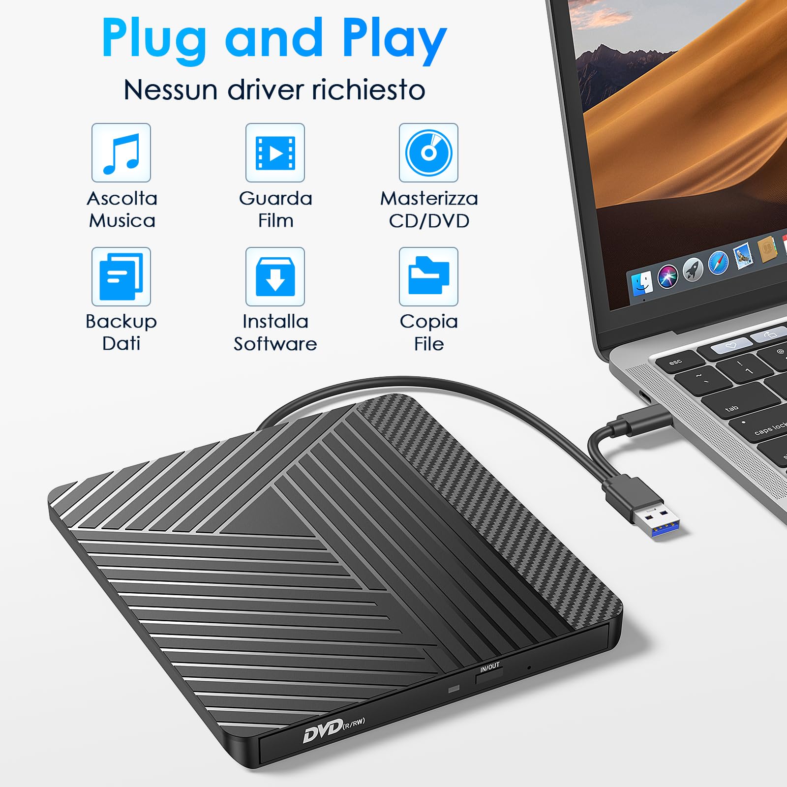 Masterizzatore DVD CD Esterno USB 3.0 Type C Lettore CD DVD +/-RW Drive per PC Laptop Mac