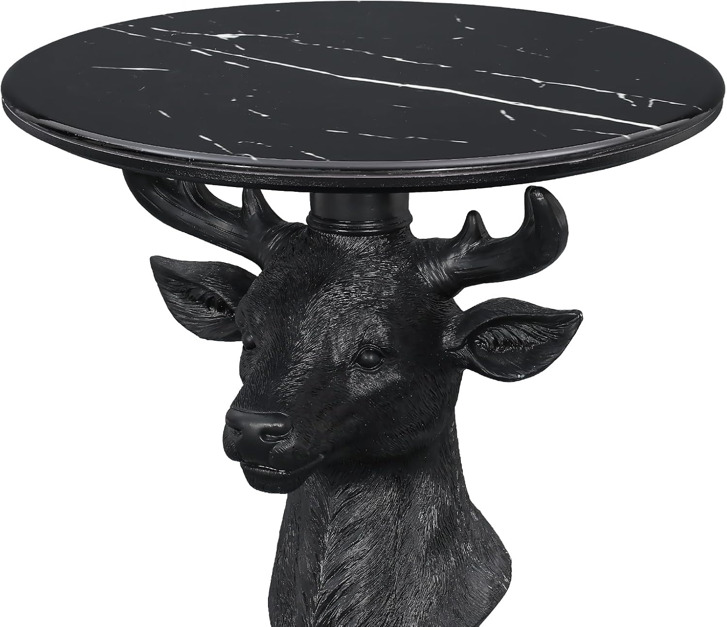 Modern Accent Table with Black Deer Sculpture Base, Minimalist Faux Marble End Table for Living Room Reception Area & Bedroom, 19.69 Inches Wide × 25.59 Inches High