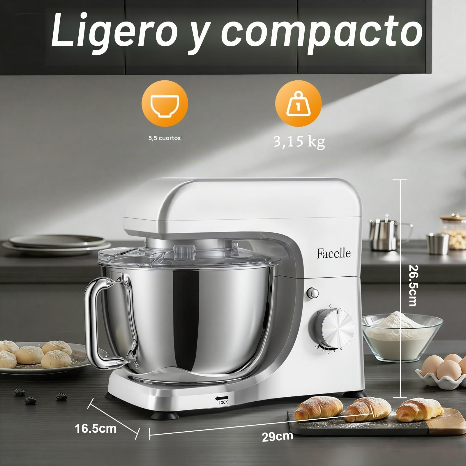 Facelle Batidora Amasadora de Repostería 1500W, Amasadora de Pan con 10 Velocidades + Función Pulse, Bol de Acero Inoxidable de 5,5L, Movimiento Orbital, con Varillas, Gancho Amasador y Batidor Plano