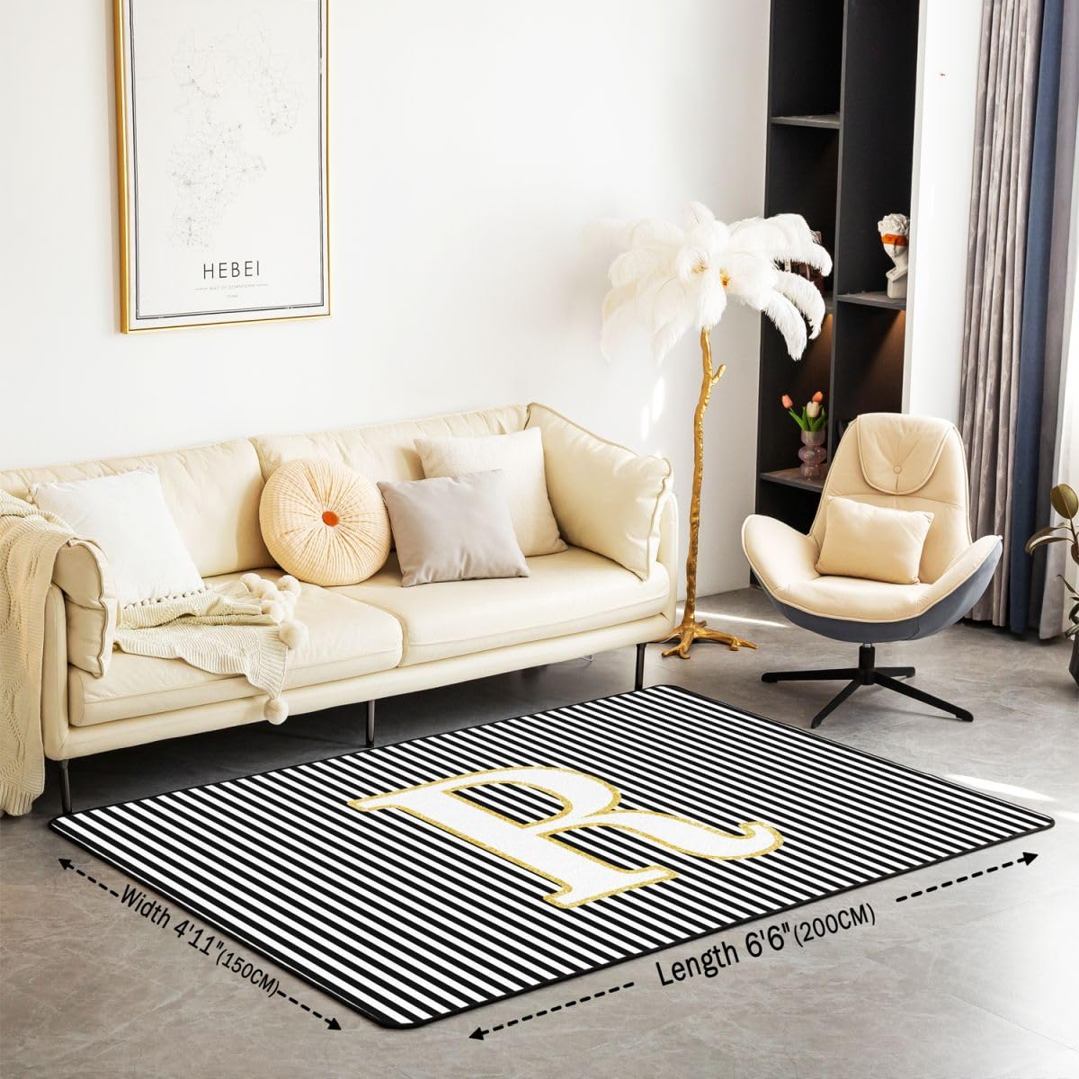 Homewish Dywaniki w paski z inicjałem R 100 x 150 cm - dla dorosłych kobiet mężczyzn dywan do salonu czarno-biały abstrakcyjny niegubi włosia dywan geometryczny stylowy monogram duże dywany nowoczesne