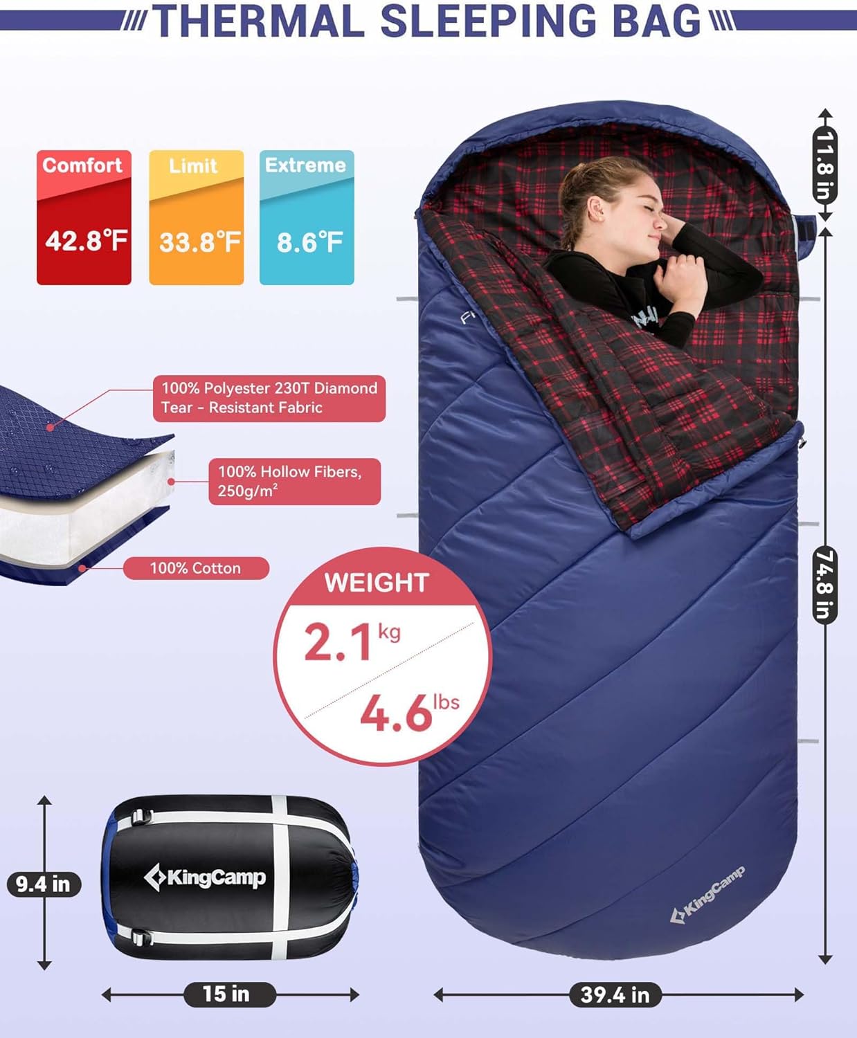 KingCamp Sleeping-Bags Sleeping Bag for Adults, Cold Weather & Warm Extra Wide Big & Tall XL Portable Waterproof Flannel Sleeping Bags