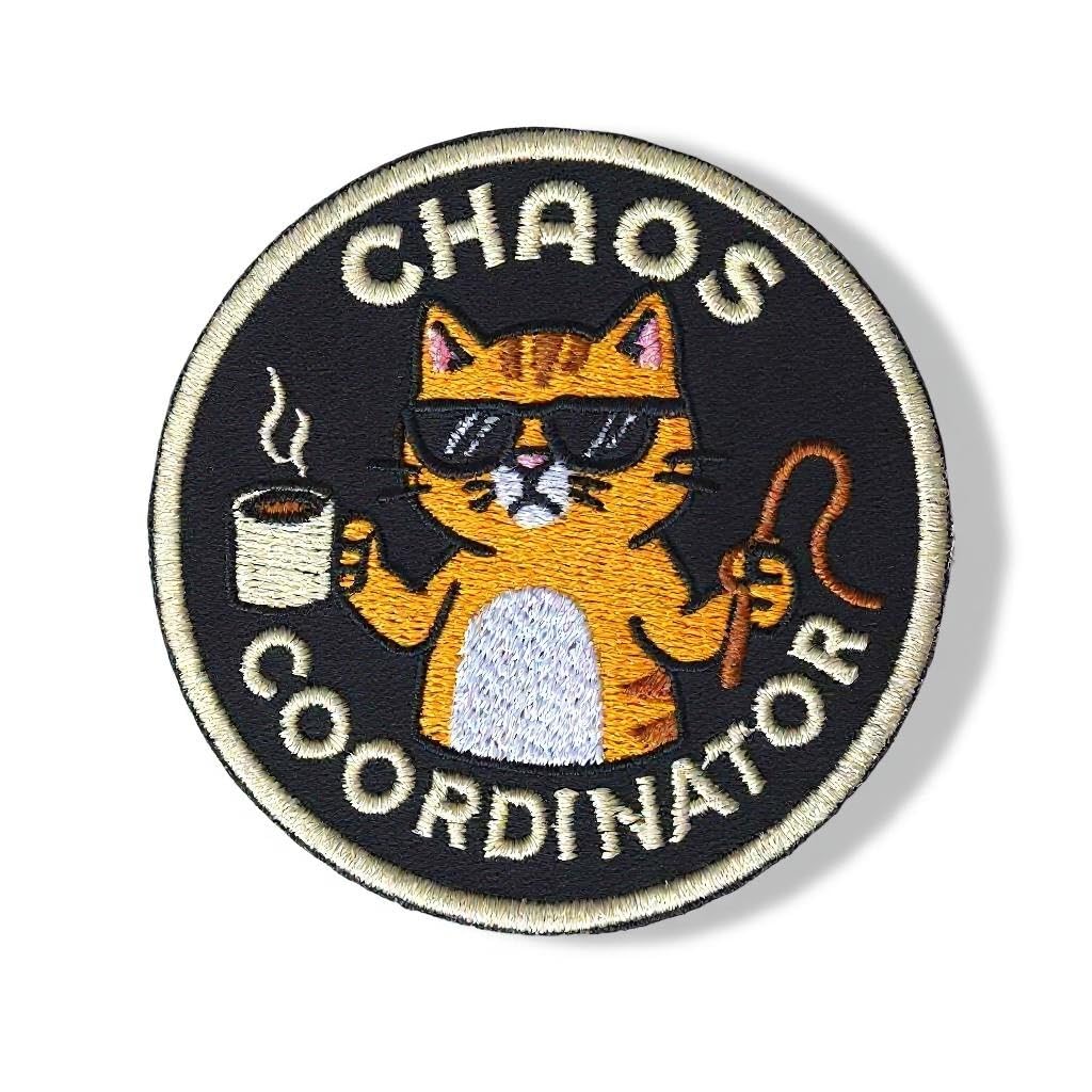 Chaos Coordinator Patch – 3 Inch Funny Cat Hook & Loop Patch with Coffee – Embroidered Hook & Loop Morale Patch for Backpacks, Vests, Hats, Gifts