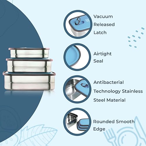 Miniatura 6 de Easy Togo Paquete de 3 recipientes de almuerzo de acero inoxidable Cajas de almacenamiento de alimentos herméticas a prueba de fugas