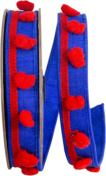 Ribbon - Pom Pom Trim Dupioni Deluxe Wired Edge, Royal/red, 1 Inch, 5 Yards