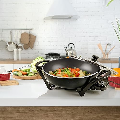 Vista 26 de OVENTE Wok eléctrico con revestimiento antiadherente, sartén de tamaño familiar de 13 pulgadas, potencia de 1400 W, temperatura ajustable, tapa