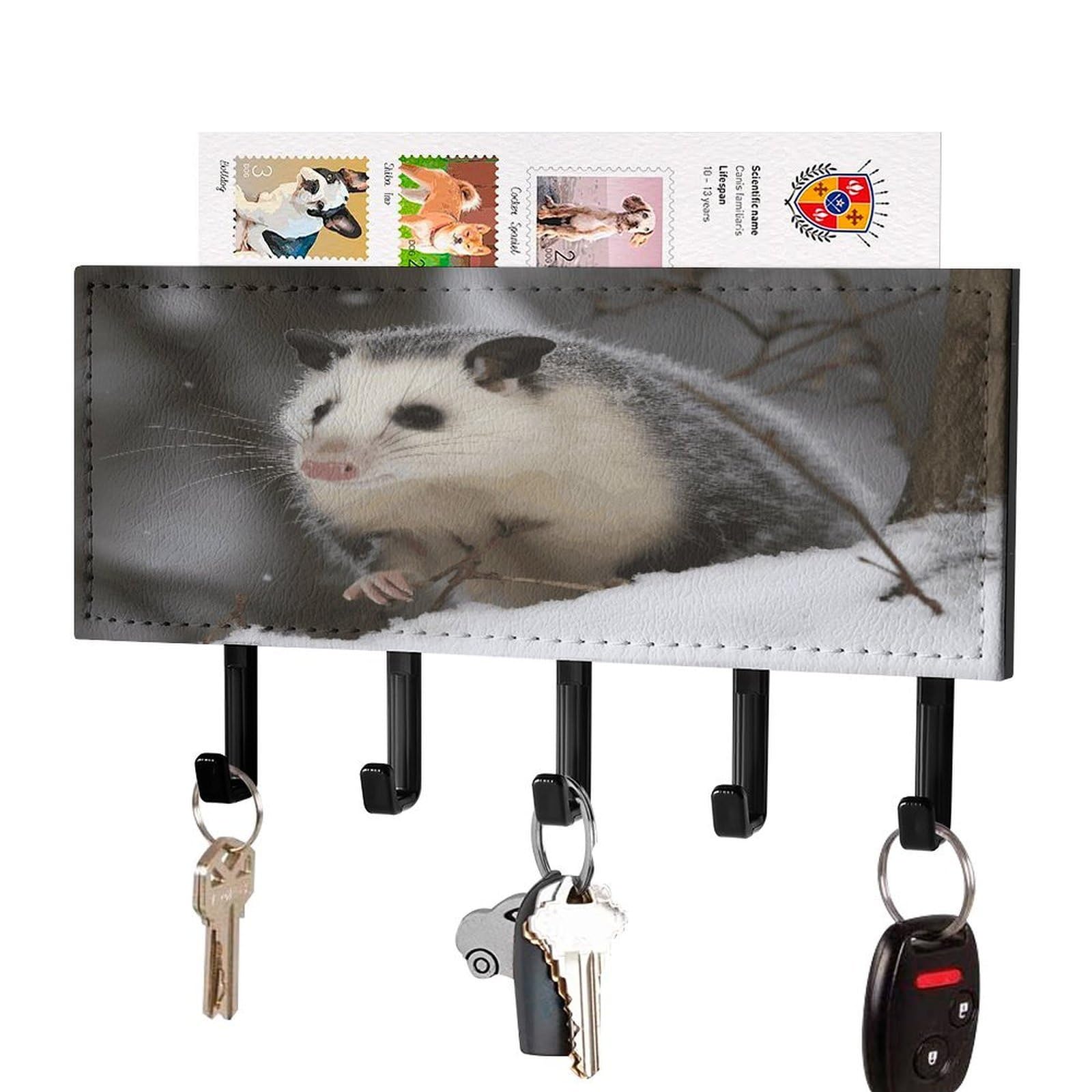FekiLoot Opossum in Snow Key Holder Wall Mount Key and Mail Holder Key Hanger with 5 Hooks Decorative PU Key Rack Hanging Key Hooks for Wall Living Room Kitchen Bathroom Hallway Black-Style