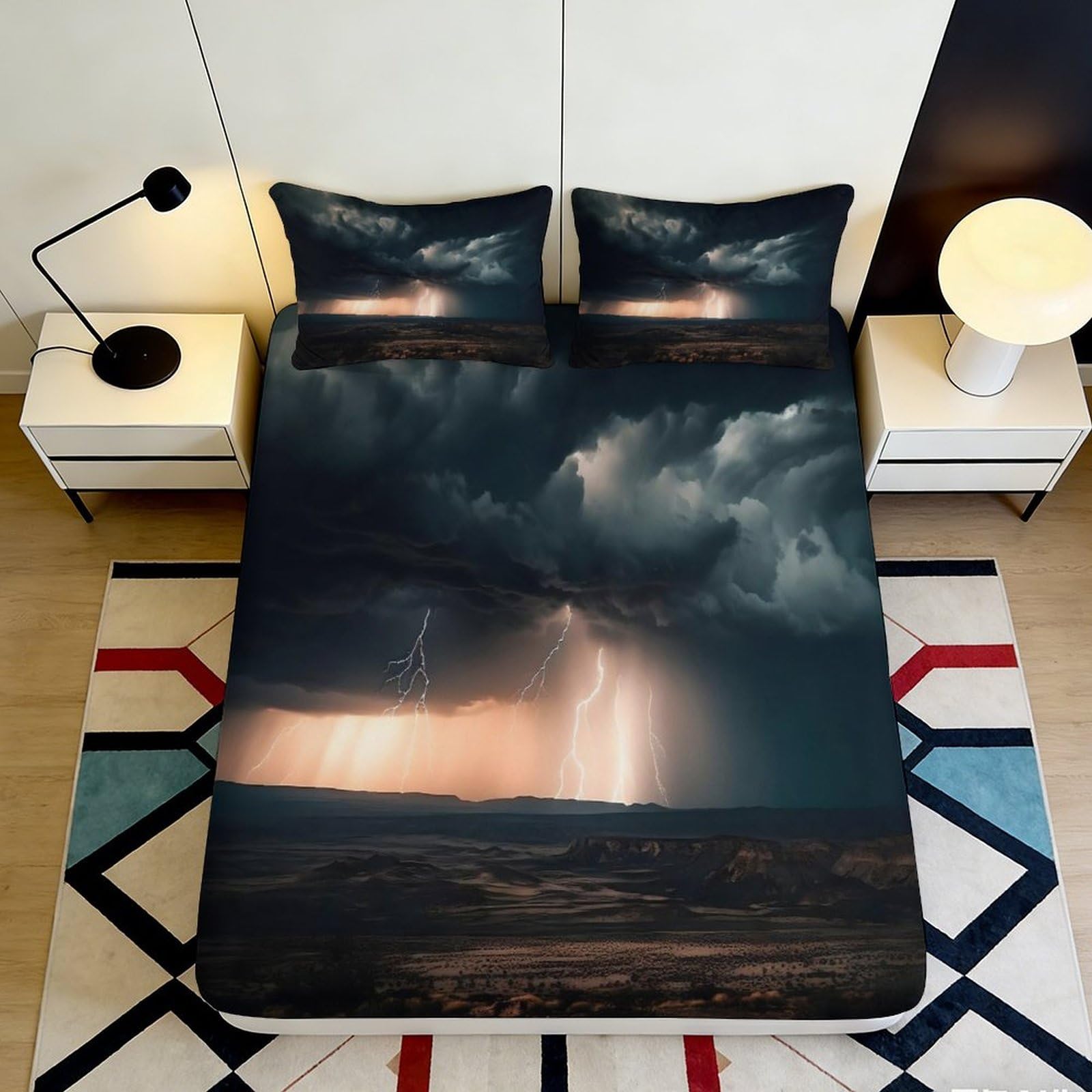 3D Printed Thunderstorm Night Fitted Sheet Microfiber Soft Lightning Sky Mattress Cover for Bedroom Dorm Decor 90x200x25cm