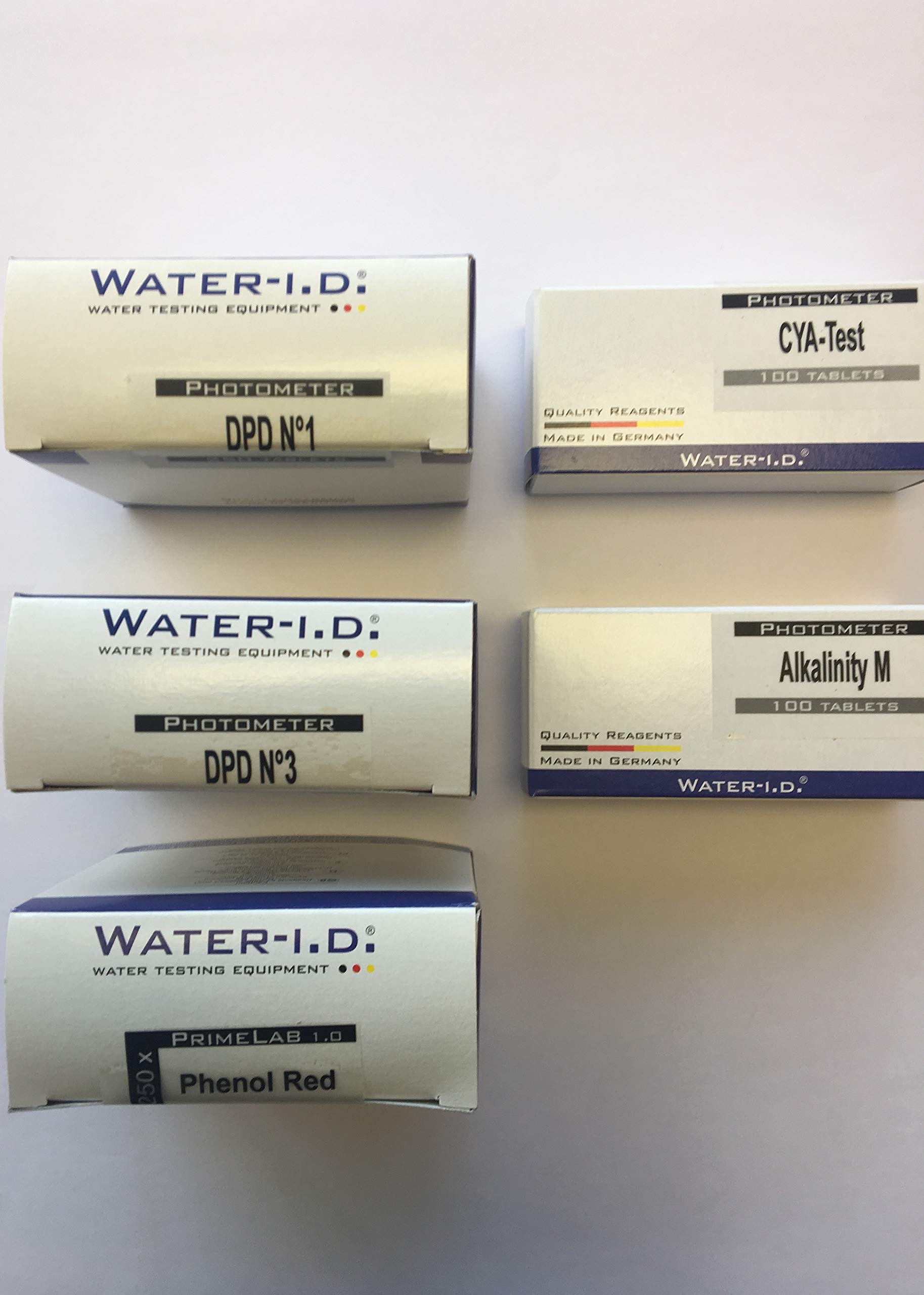 WATER-I.D. 5 Reagents in Tablet for Photometers, PH Phenol Red, Chlorine (DPD1, DPD3), Alkalinity, Cyanide.
