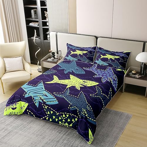 Miniatura 3 de Erosebridal Juego de ropa de cama de tiburón 100% algodón, tamaño Queen, funda de edredón de animales de mar profundo, funda de edredón de dibujos
