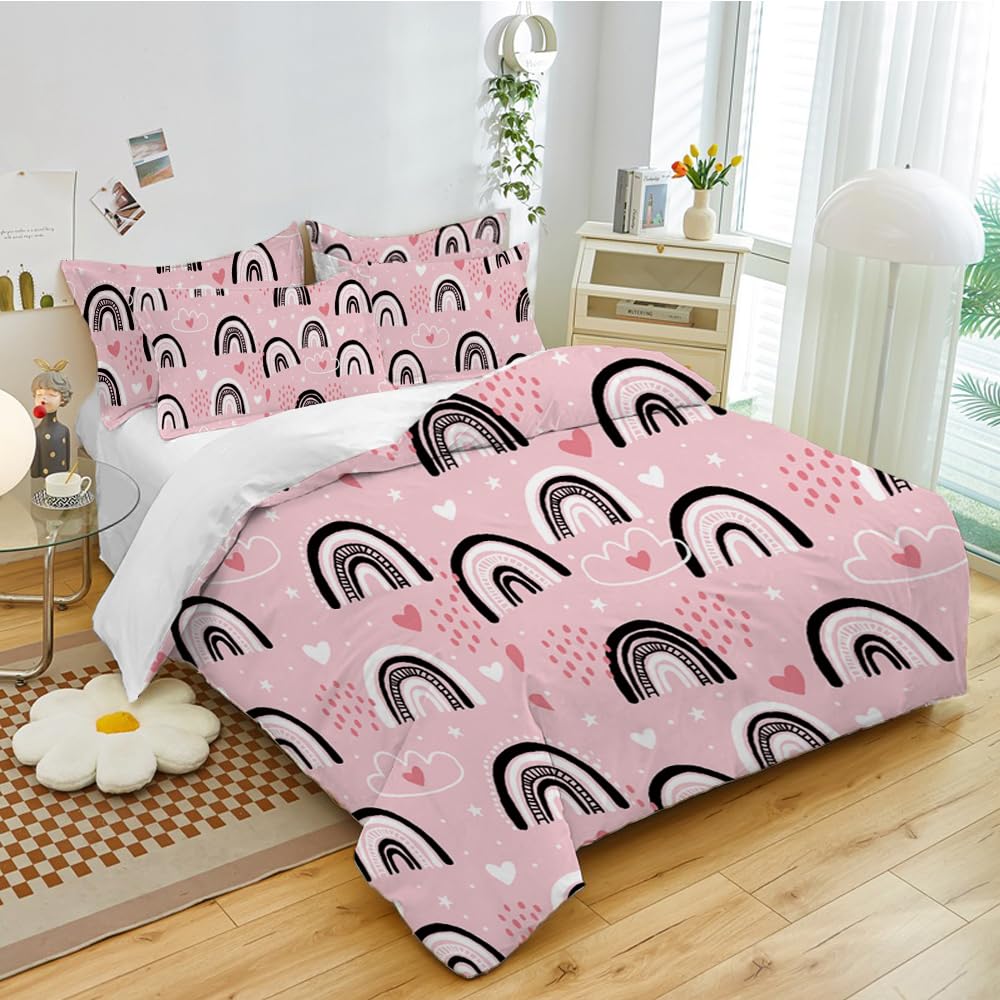 Set di biancheria da letto arcobaleno per bambini 135x200cm, set di biancheria da letto per ragazze rosa con stampa 3D di cartoni animati con stelle, luna, nuvole e cuori (A-2, 135 x 200 cm)