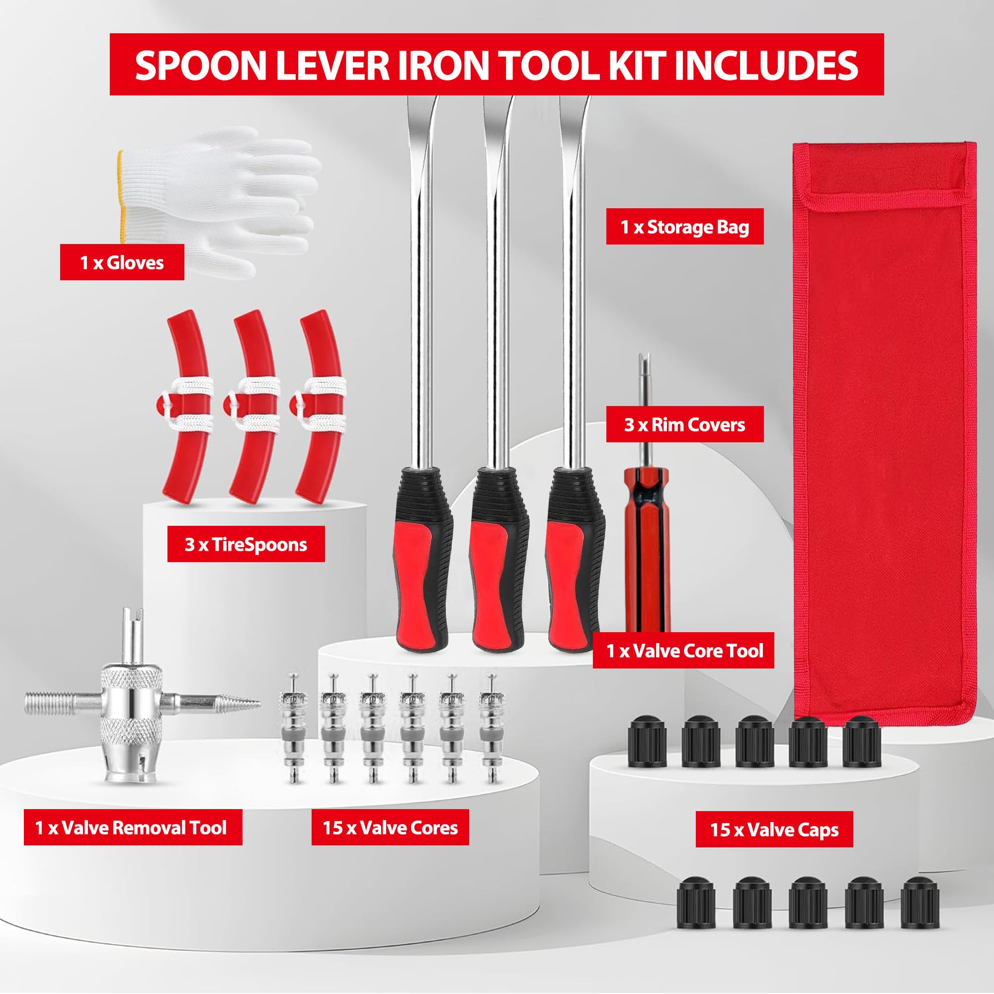 39Pcs Tyre Lever Tool Kit: 30.5CM Heavy Duty Tyre Spoons with Rim Protectors Valve Caps & Cores Tyre Repair Tools for Bike Motorcycle Car Wheel Removal Garage Workshop Emergency Repair - 3
