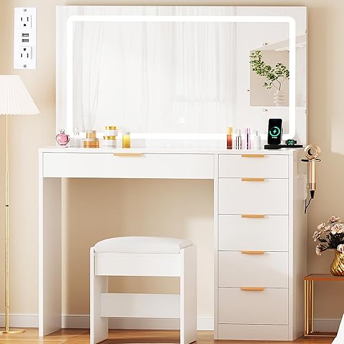 ANWBROAD UBDT79A - Escritorio de maquillaje de 39 pulgadas con espejo y luces con 6 cajones y estación de carga para niñas con parte superior de