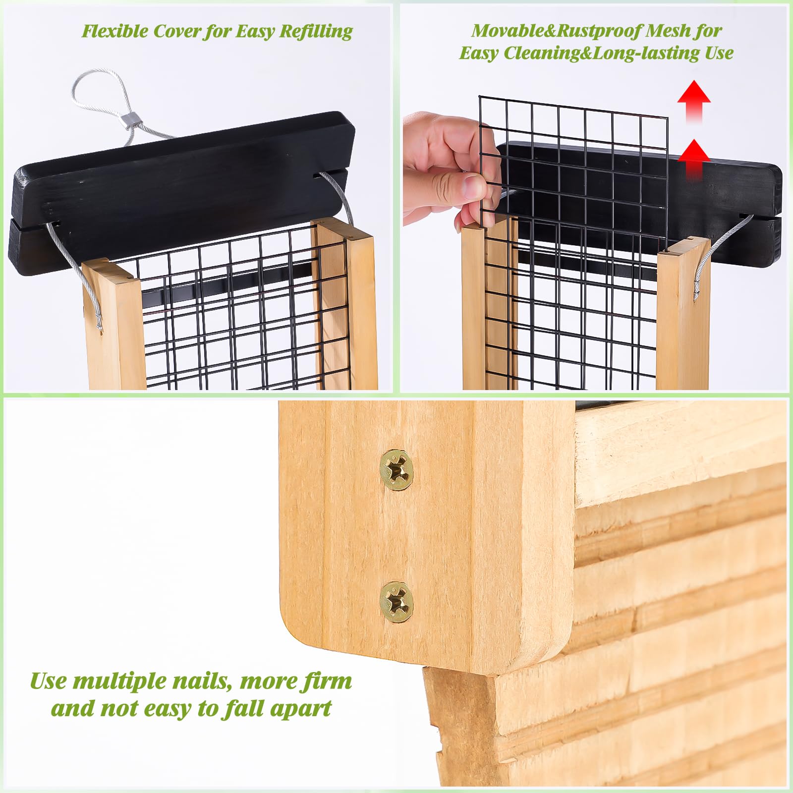 Gbekery Comedero de madera para pájaros para colgar en el exterior, comedero de sebo para pájaros carpinteros con accesorio de cola, comedero colgante para pájaros silvestres, 1 paquete, color negro