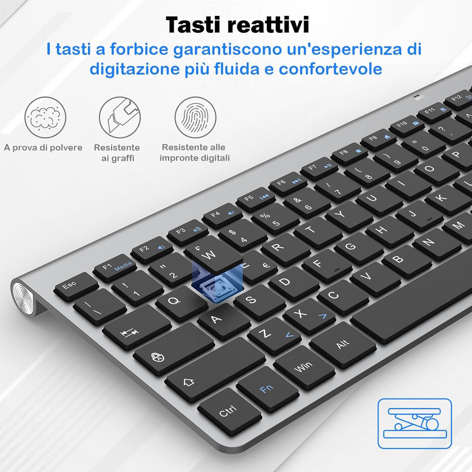 Tastiera e mouse Wireless, PINKCAT 2.4G Set di tastiera ultrasottile e mouse ergonomico silenzioso con 12 tasti di scelta rapida multimediali per computer, PC, laptop, desktop (grigio)