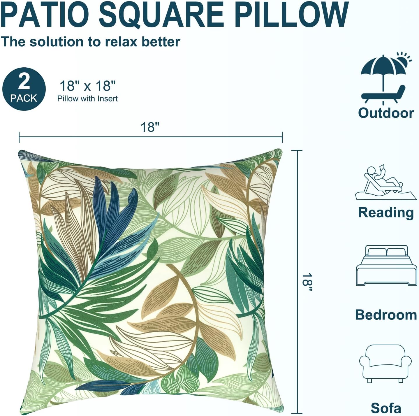 DYTXIII Pack of 2 Waterproof Outdoor Pillow with Inserts, 18x18 Square Patio Decorative Throw Pillow for Home,Sofa,Bench and Patio Furniture,Lush Leaf Green