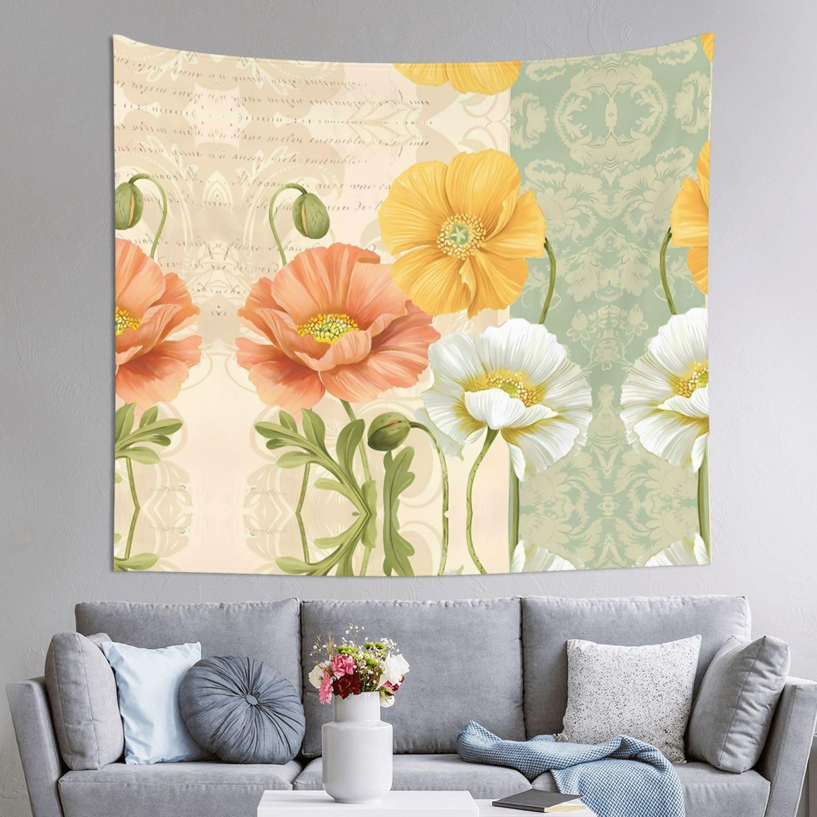 HLSBSSL 60x51in Pastel Poppies Printed Tapestry Tablecloth for Dormitory and Picnic Rooms - Multifunctional Fabric Hanging