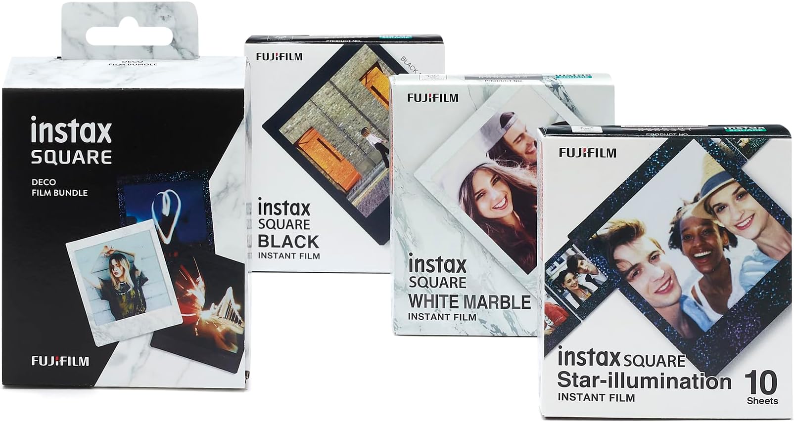 SQUARE Instant Film 3 Pack Bundle, 1 X 10 Shot Black, 1 X 10 Shot White Marble, 1 X 10 Shot Star Illumination Border