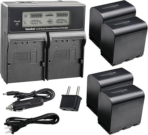 Kastar Paquete de 4 baterías SSL-JVC70 y AC LCD cargador rápido dual compatible con JVC GY-HM200U, GY-HM200HW, GY-HM200SP, GY-HM200SP Sports,