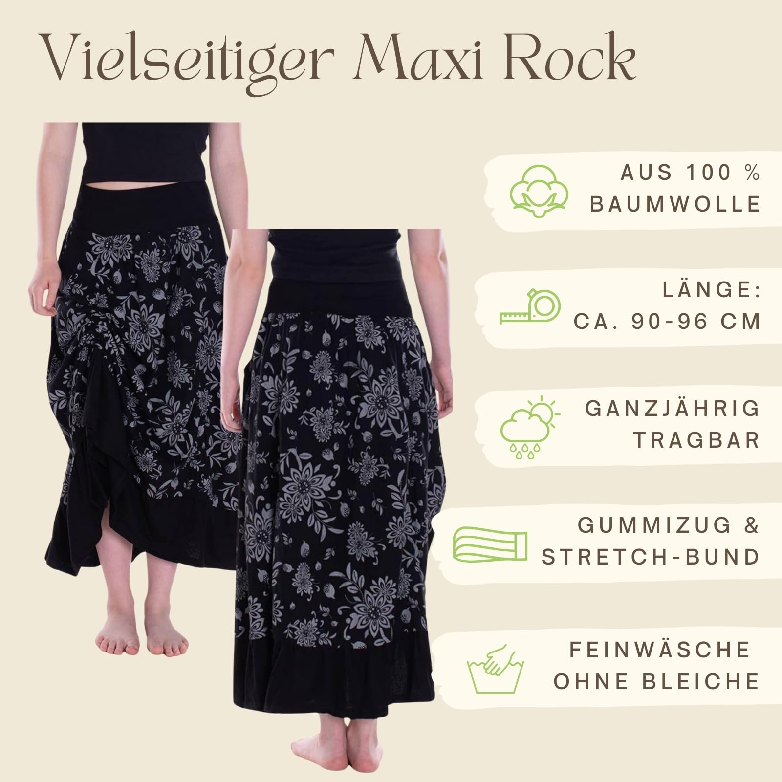 Vishes Damen längenverstellbarer Maxi-Rock I Handgefertigt aus 100% Baumwolle I Ideal für Jede Gelegenheit I Nachhaltige Alternative Bekleidung