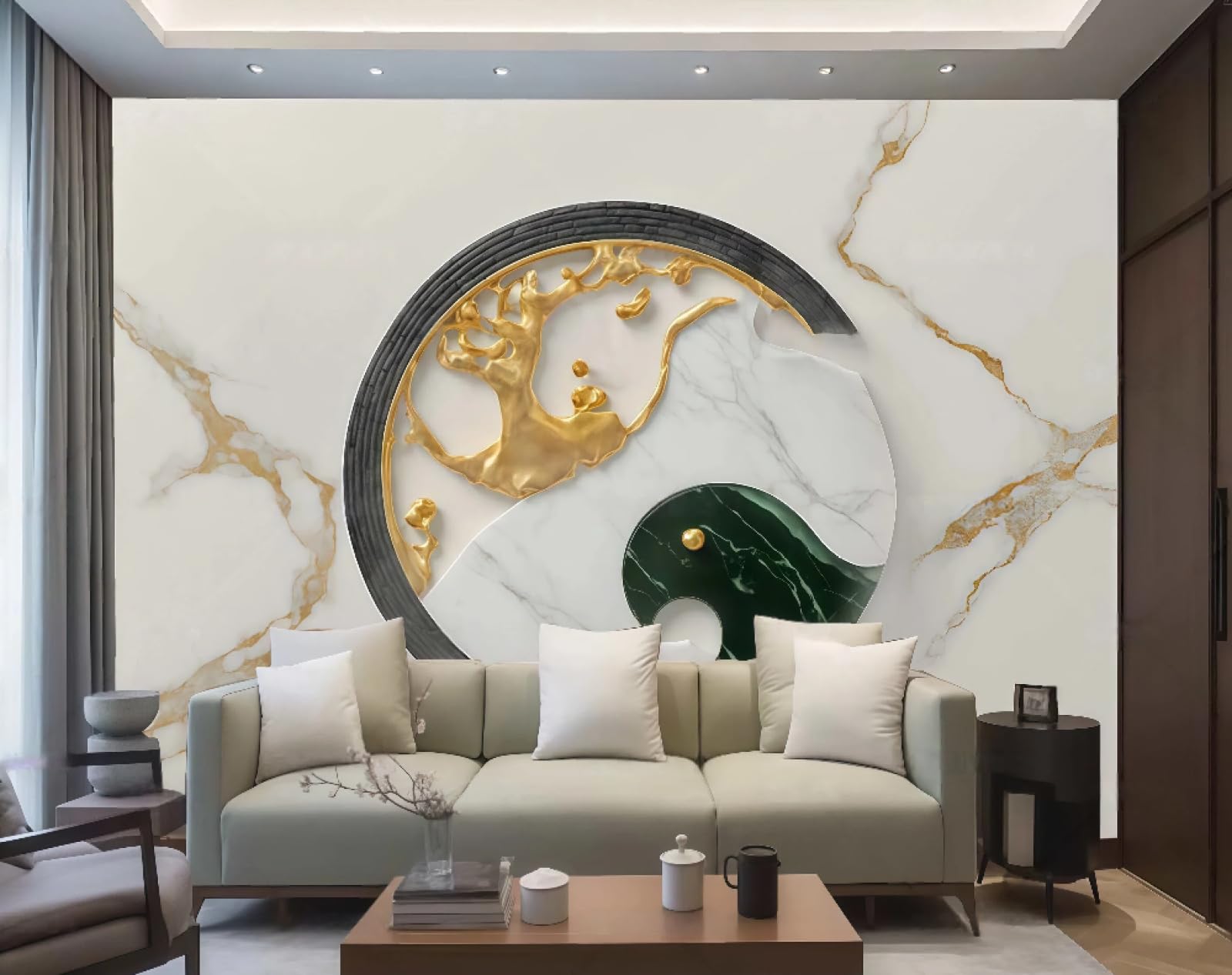 Tapeta nowoczesna pozłacana Tai Chi czarno-biała sztuka marmurowy wzór TV sofa tło ściana sypialnia salon gabinet mural, 3D, 200 x 140 cm
