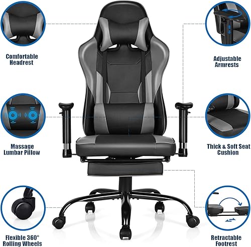 Miniatura 4 de GYMAX Silla para videojuegos, silla de juegos de computadora de respaldo alto con reposabrazos ajustables y soporte lumbar de masaje, silla de