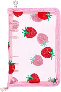 AxeWoodz Pink A6 Zipper Binder Clear Refillable Notebook Shell Cute Strawberry Lace Cover 6 Ring PVC Binder Cover for Photocard Planner Journal Photo Album