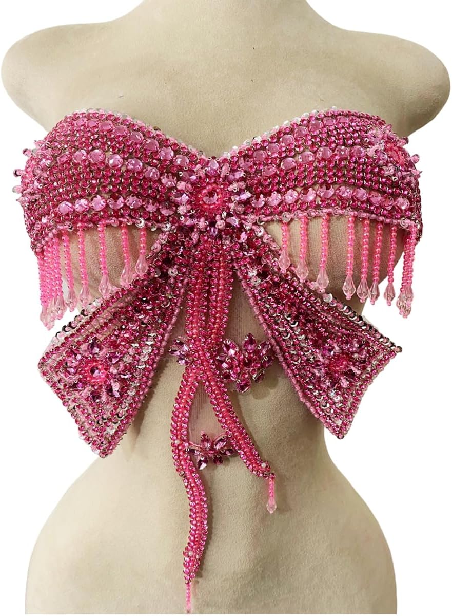 Butterfly Shape Bodysuit Applique Pure Hand-Stitched Beads and Crystal Patches Creative Tassels Shiny Dress Decorative Accessories (Pink)