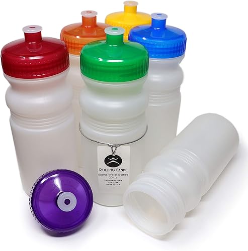 Rolling Sands Botellas de agua deportivas de 20 onzas fabricadas en Estados Unidos, paquete de 6 botellas deportivas en blanco sin BPA para equipos