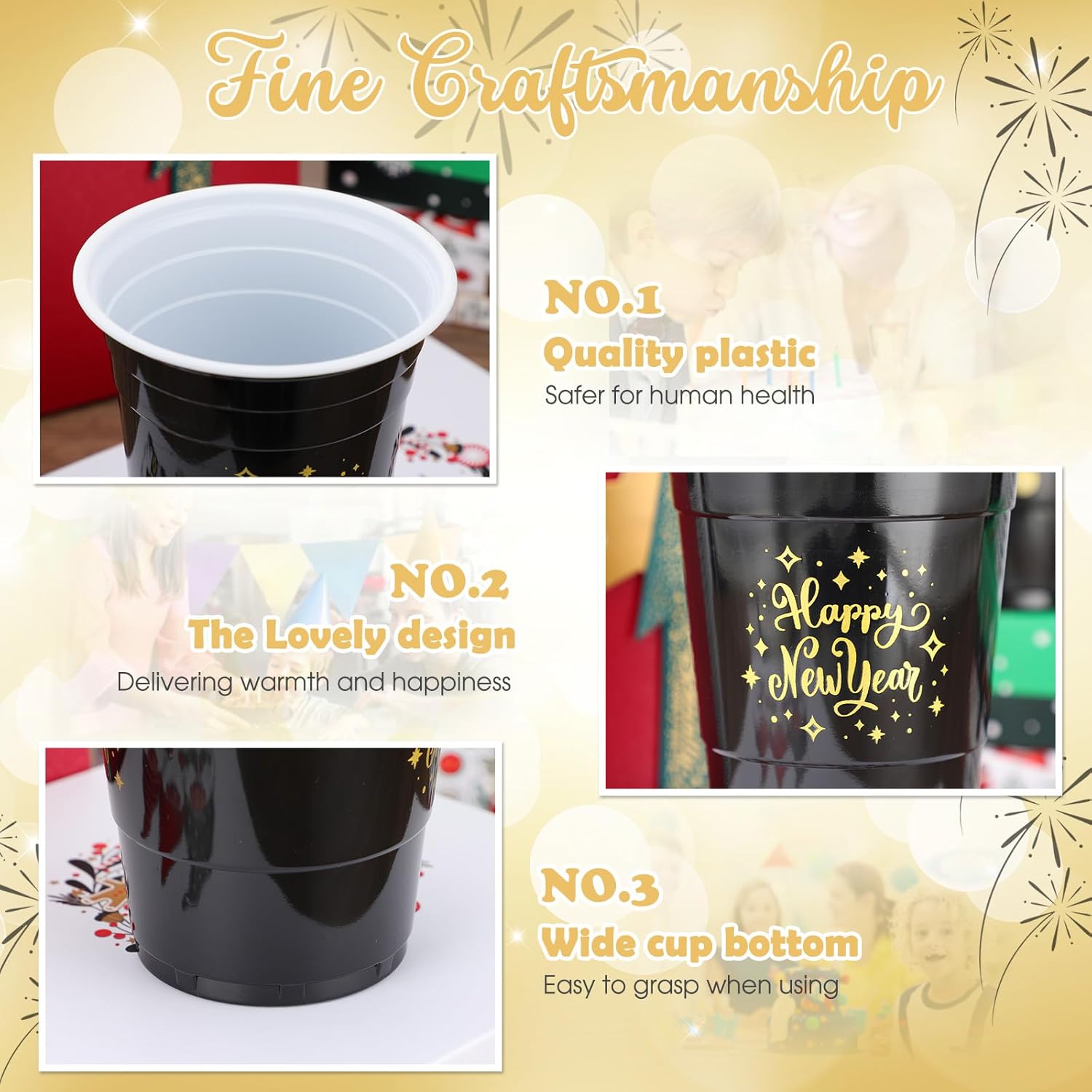 60 Pcs Happy New Year Plastic Cups Bulk 16 oz 2026 Black and Gold Disposable Drinks Cups New Year Eve Party Supplies for Festive Party Favors Decorations - Image 5