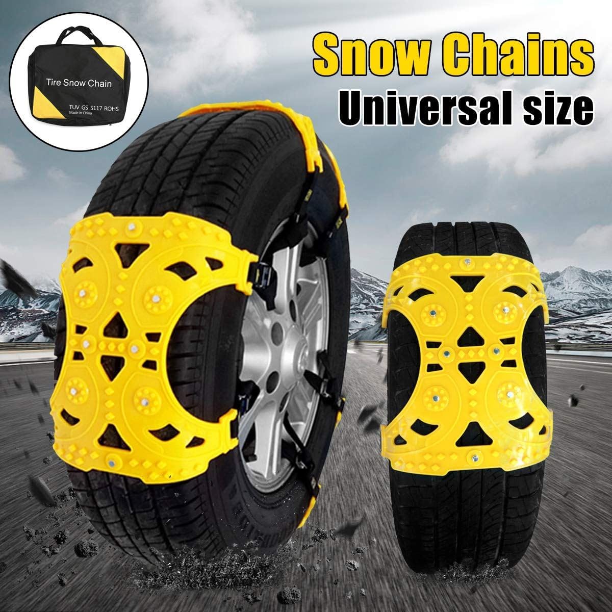 Jeremywell 6 PCS Tire Security Universal Snow Chains for Two Tires- Quality Strong Durable All Season Anti-Skid Car, SUV, and Pick Up Patterned Tire Chains for Emergencies and Road Trip