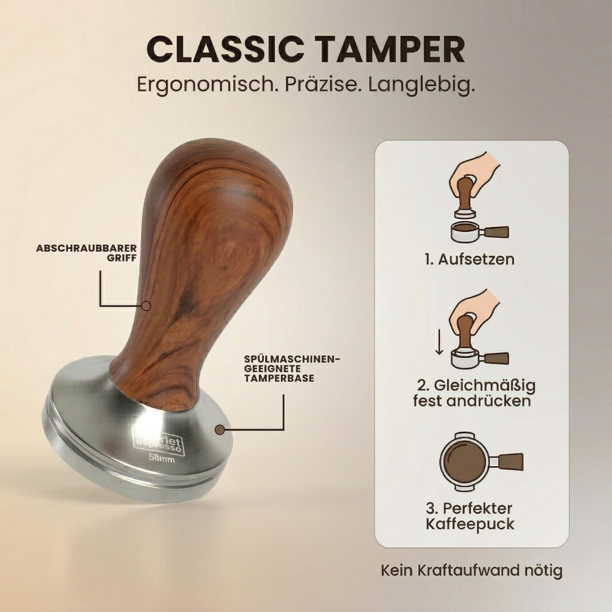'Scarlet Espresso Classic – Prensador con marrón/negro inoxidable mango de madera para cafeteras, Set Ebenholz - Schwarz + Tamper Ablage, 41 mm