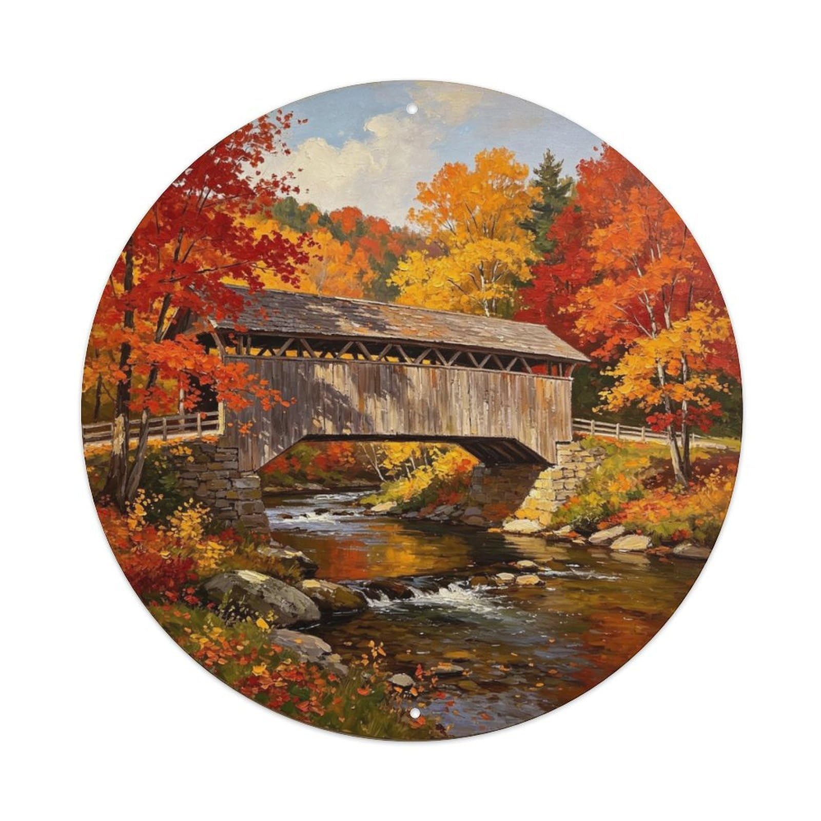 Autumn Covered Bridge Metal Tin Sign Plaque
