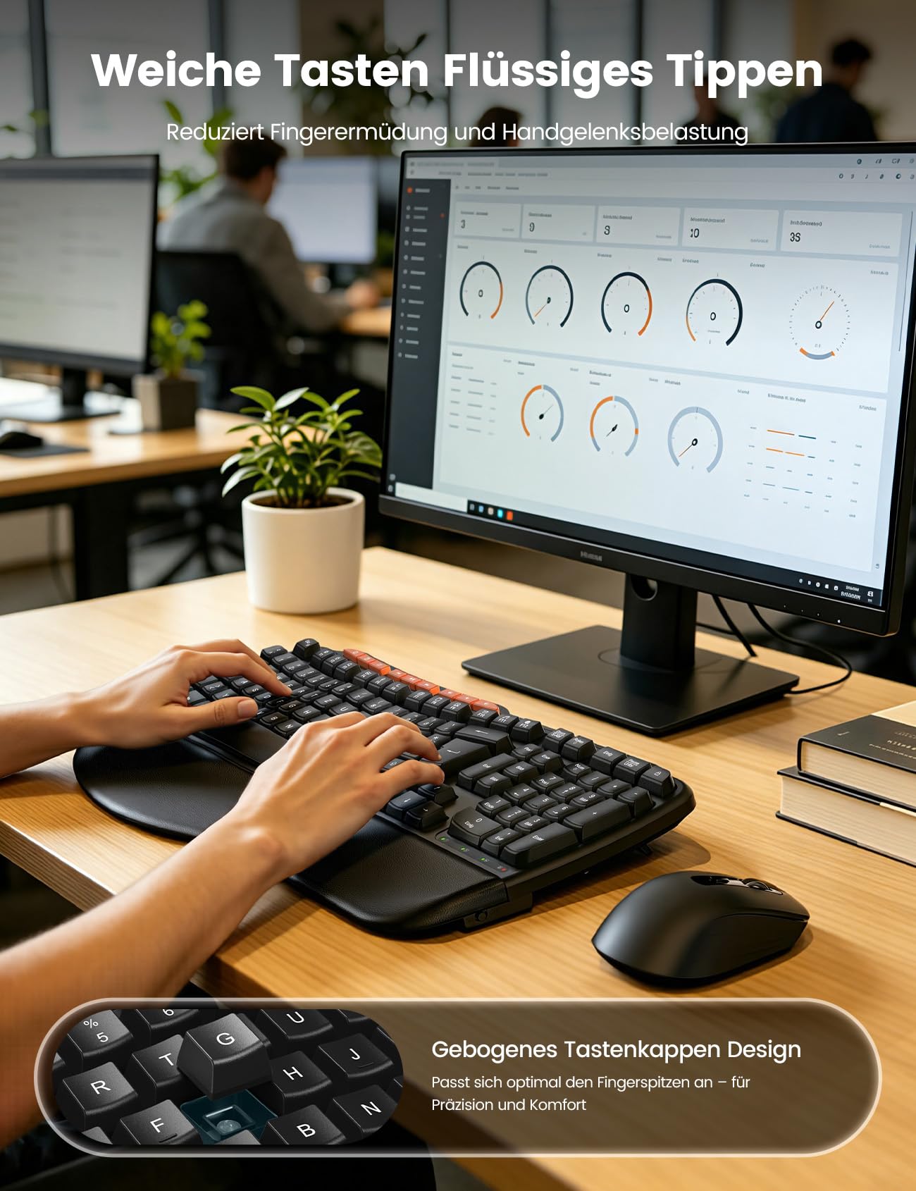 Tastatur Maus Set Kabellos, 2,4GHz Wave Tasten in Voller Größe, Ergonomische Tastatur mit Gepolsterte Handballenauflage und 4 Neigungswinkel, 3 DPI Maus für Windows/Mac OS/Desktop/Laptop/PC - MA31