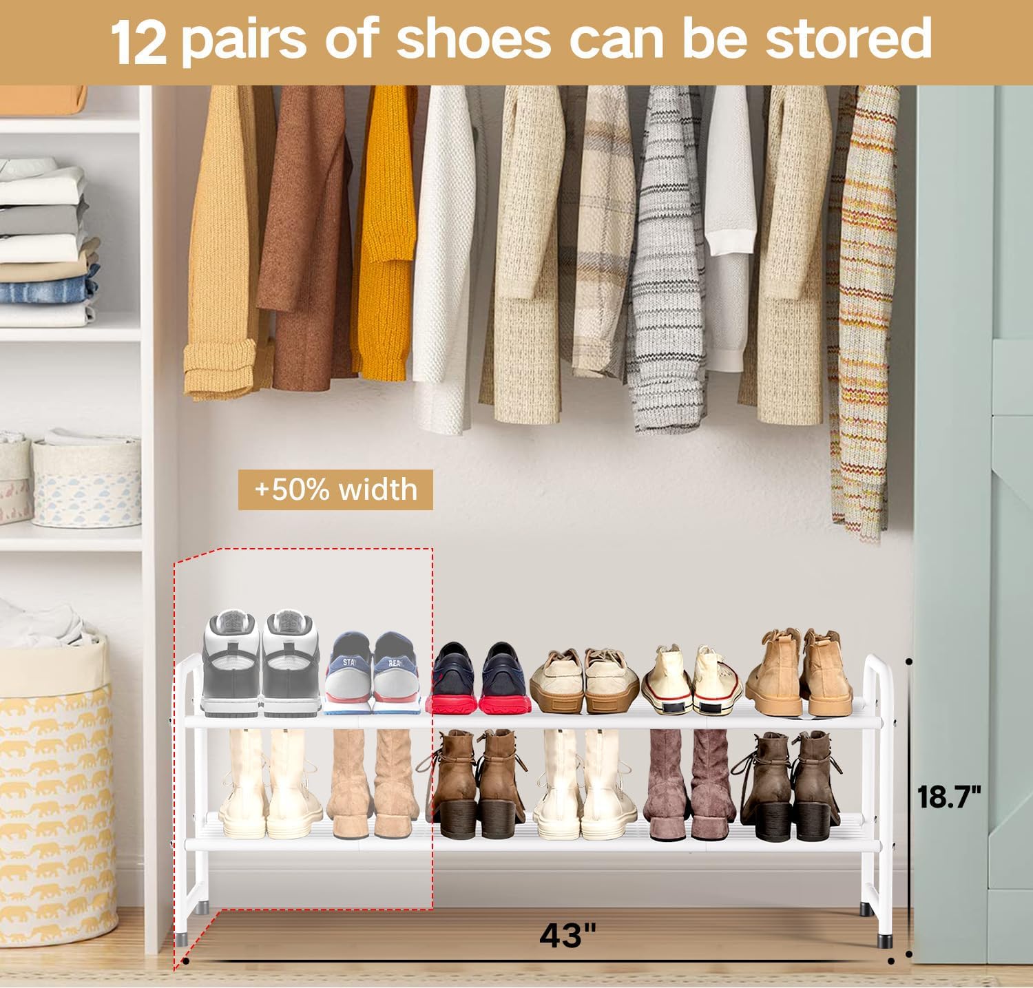 KEETDY Langer Schuh-Organizer für den Schrank, Schuhregal aus Metall für den Eingangsbereich, breites stapelbares Schuhregal, Aufbewahrung mit stabilem Drahtgitter für Schrank, Boden, Schlafzimmer,