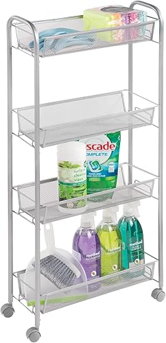 Miniatura 7 de mDesign Carrito organizador de almacenamiento de metal de acero delgado con 4 estantes para lavandería, cocina, organización de baño, soporte
