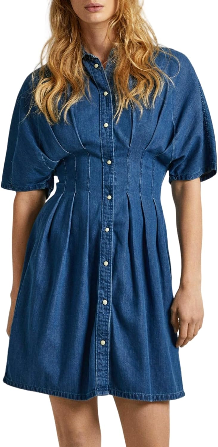 Women's Denim Dress Lapel V Neck Slim Fit Mini Jean Dress Button Down A-Line Short Dresses