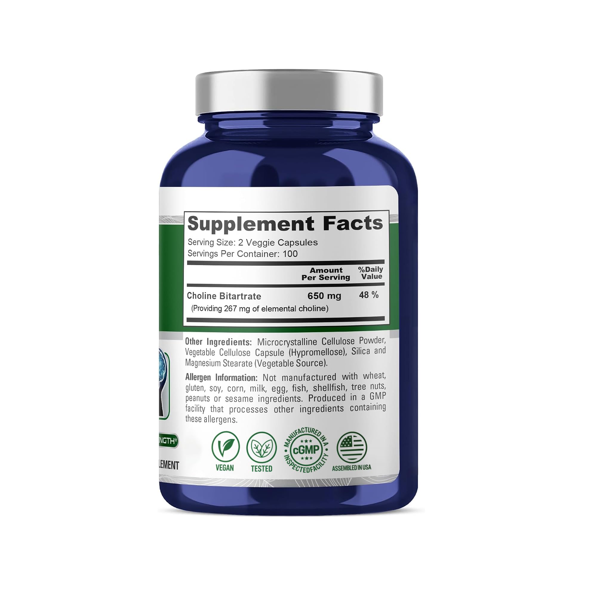 NusaPure Choline Bitartrate, Vegan, 650mg, 200 Capsules - 100 Servings — Amazon image 2